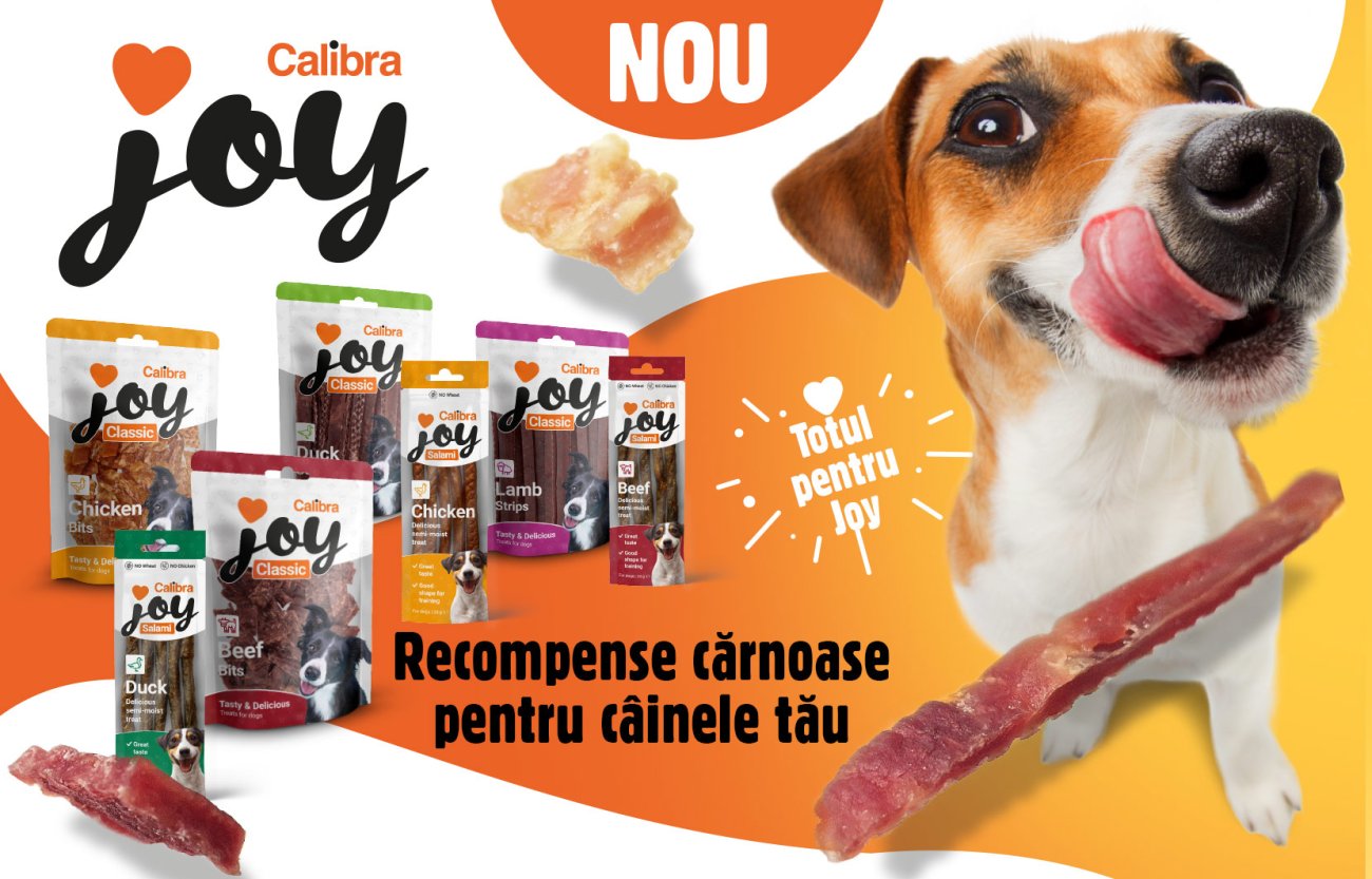 Un câine cu limba scoasă și mai multe pachete de gustări Calibra JOY, cu textul: Gustări noi, din carne, pentru câinele tău.